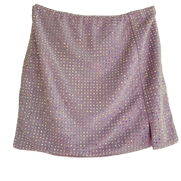 Double Layered Thick Mesh Rhinestone Embellished Thigh Slit Mini Skirt - Purple - Picture 3 of 16